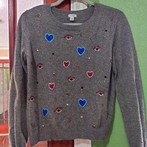 VEUC Sz M Women's Halogen Cashmere Sequin Heart Sweater Valentine's Day!!!